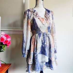 NWT ZARA Paisley Patchwork Blue Ruffle V-Neck Tiered Fit and Flare Mini Dress M